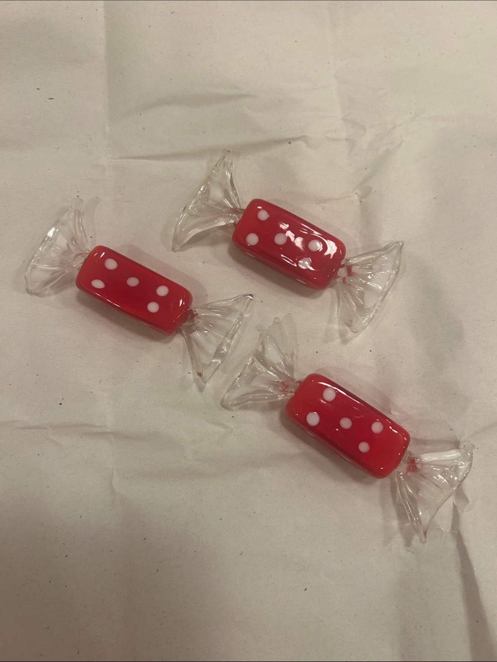 Murano Red Glass Candy Sculptures with White Dot Accents